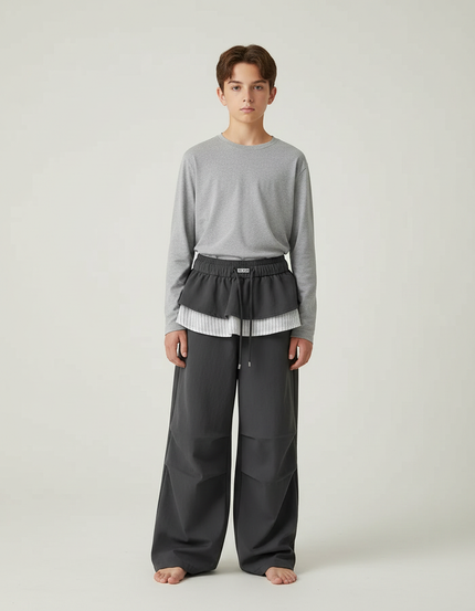 Pantalon Jupe Gris Ample Superposé Décontracté Enfant - Polyester