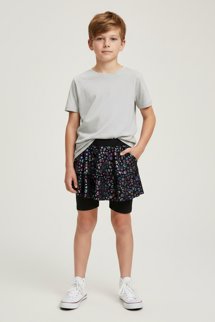 Pantalon Jupe Noir Brillant Imprimé Floral Danse Enfant - Polyester