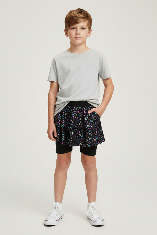 Pantalon Jupe Noir Brillant Imprimé Floral Danse Enfant - Polyester