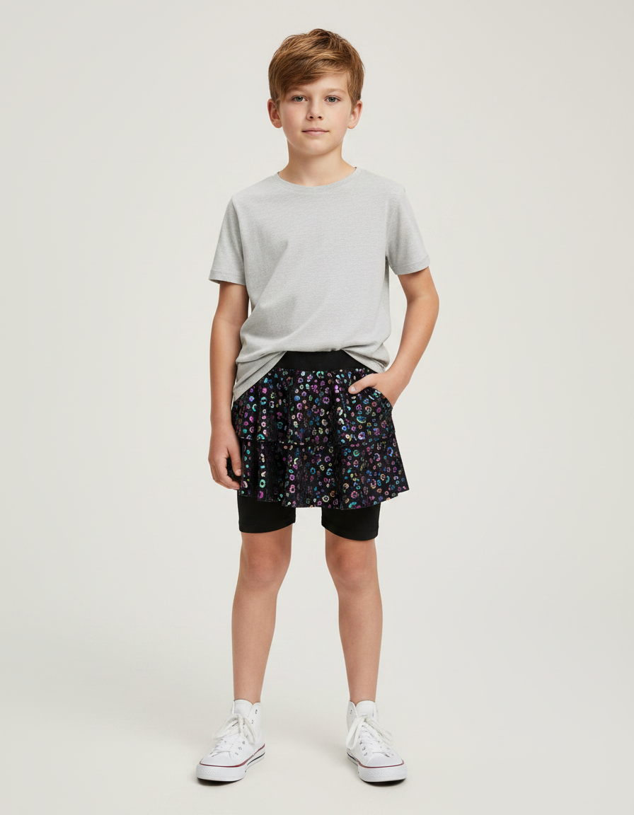 Pantalon Jupe Noir Brillant Imprimé Floral Danse Enfant - Polyester