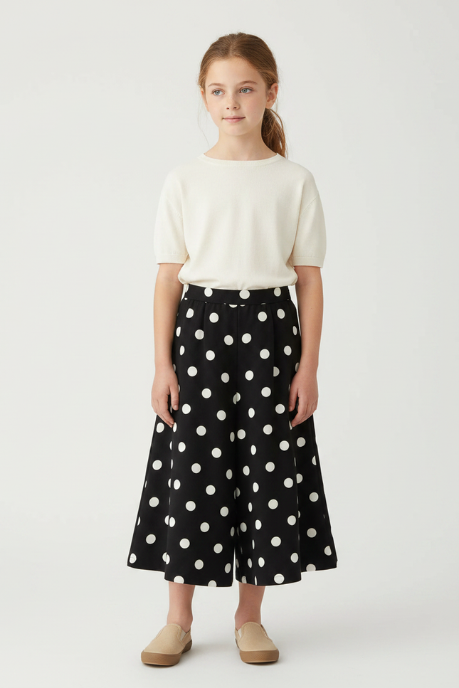 Pantalon Jupe Noir Pois Blancs Ample Fille - Polyester