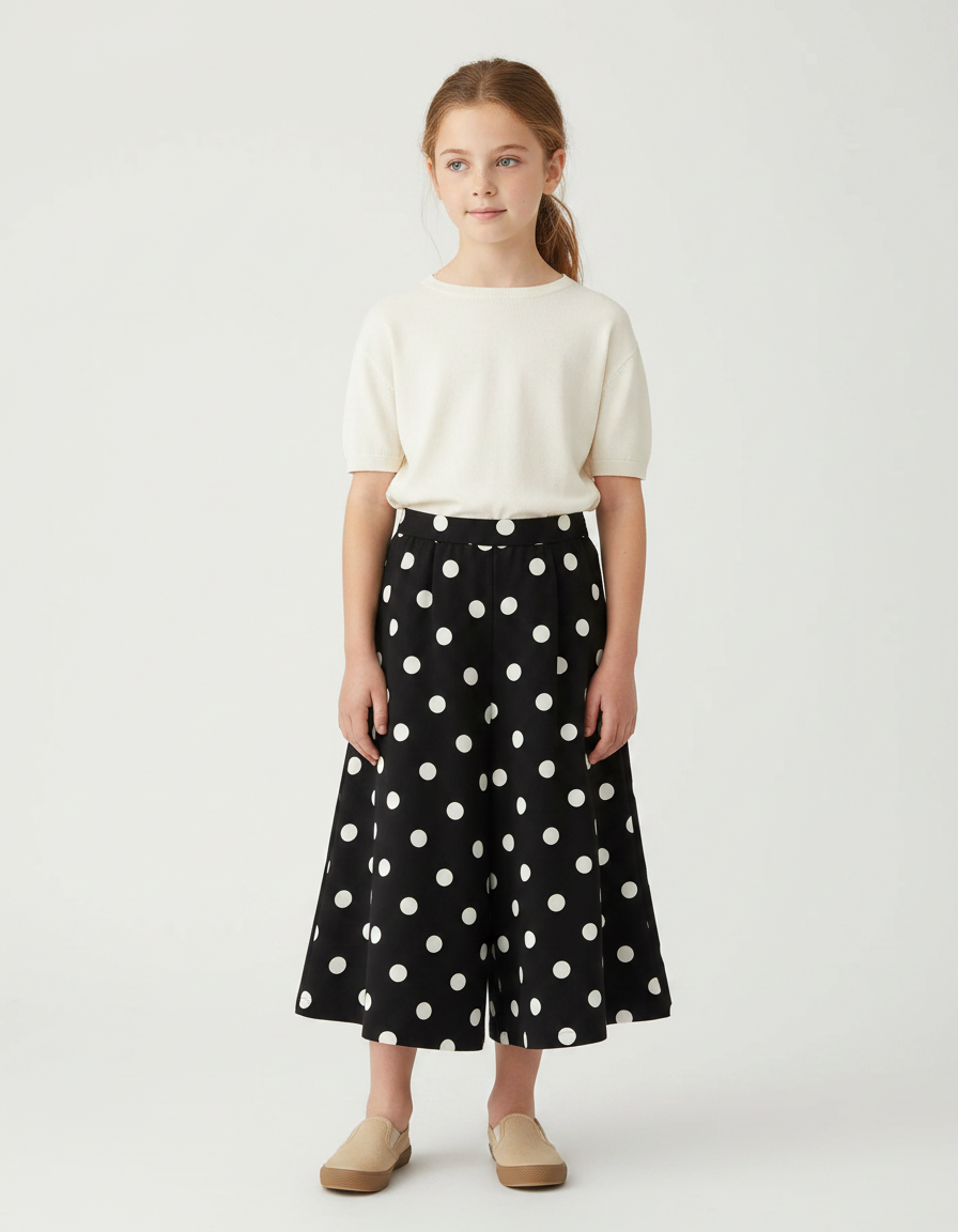 Pantalon Jupe Noir Pois Blancs Ample Fille - Polyester