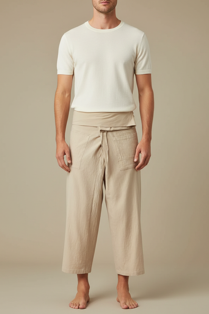 Pantalon Jupe Lin Beige Ample Décontracté Homme