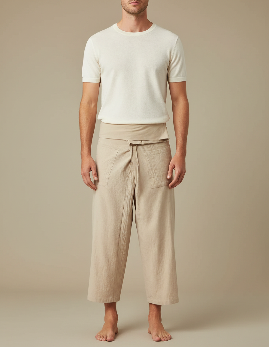 Pantalon Jupe Lin Beige Ample Décontracté Homme