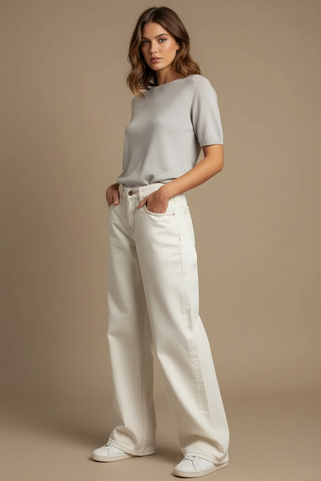 Pantalon Jupe Écru Large Décontracté Taille Haute - Blanc Jean