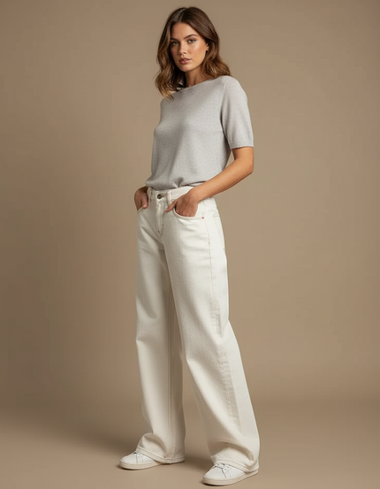 Pantalon Jupe Écru Large Décontracté Taille Haute - Blanc Jean