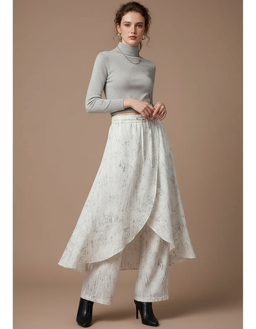 Pantalon Jupe Évasé Imprimé Fluide Superposé Décontracté - Polyester