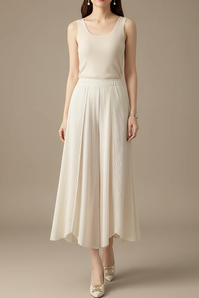 Pantalon Jupe Crème Plissé Fluide Long Élégant - Beige Maille