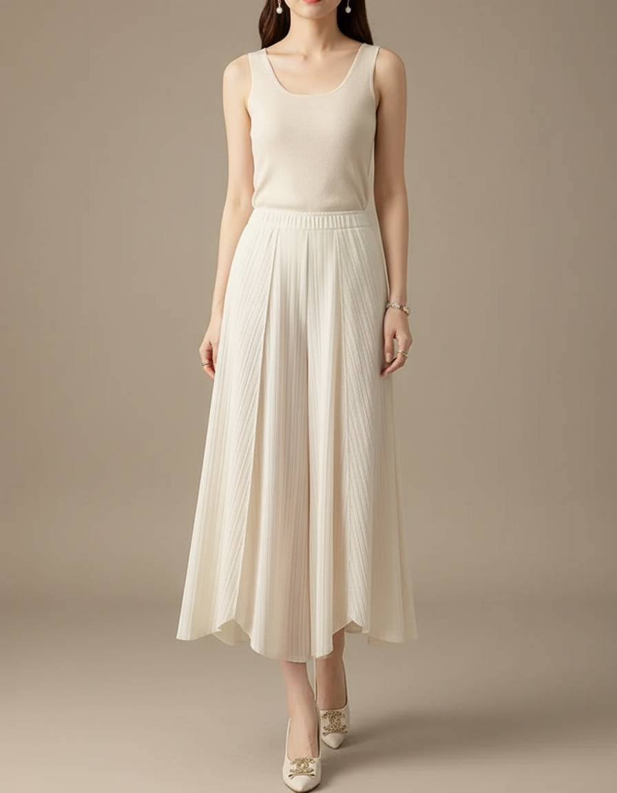 Pantalon Jupe Crème Plissé Fluide Long Élégant - Beige Maille