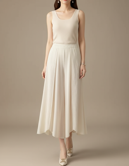 Pantalon Jupe Crème Plissé Fluide Long Élégant - Beige Maille