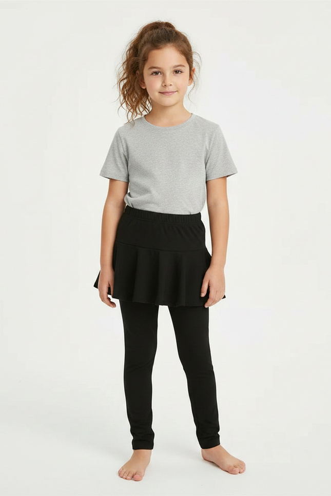 Pantalon Jupe Noir Uni Évasé Confortable Fille - Polyester