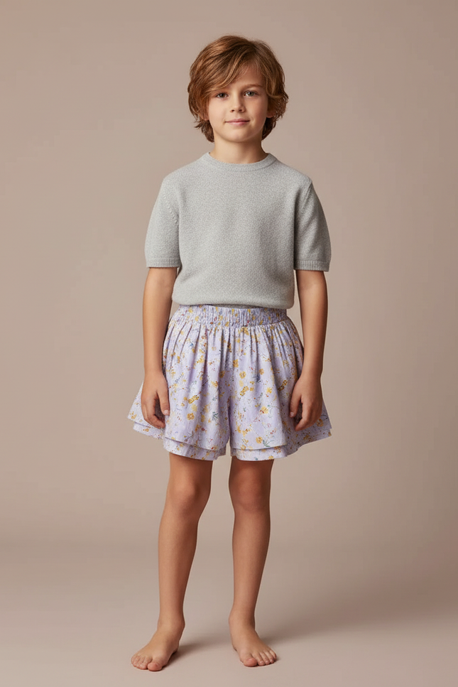 Pantalon Jupe Lilas Floral Plissé Ample Enfant - Violet Coton