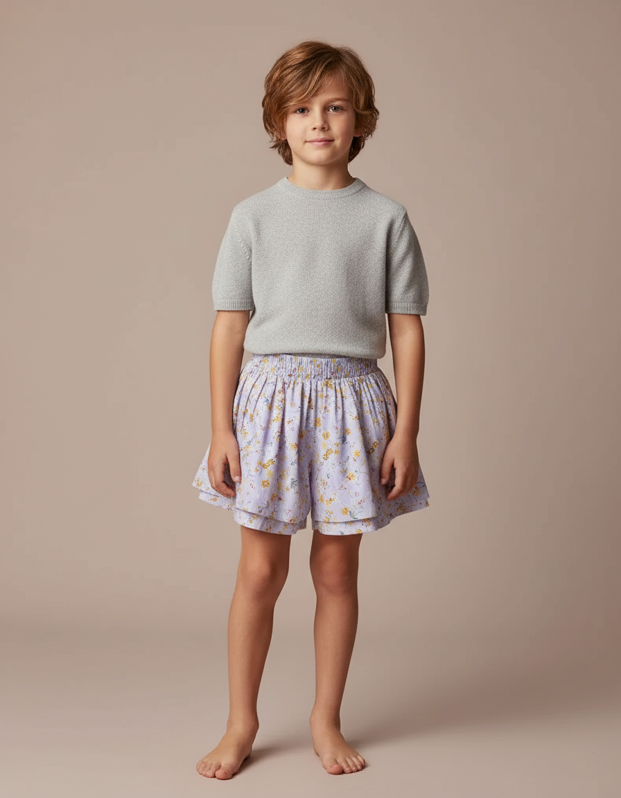 Pantalon Jupe Lilas Floral Plissé Ample Enfant - Violet Coton