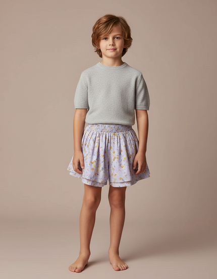 Pantalon Jupe Lilas Floral Plissé Ample Enfant - Violet Coton