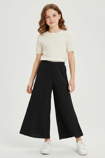 Pantalon Jupe Noir Plissé Ample Décontracté Fille - Maille