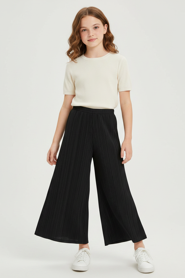 Pantalon Jupe Noir Plissé Ample Décontracté Fille - Maille