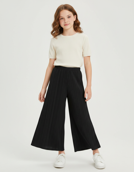 Pantalon Jupe Noir Plissé Ample Décontracté Fille - Maille