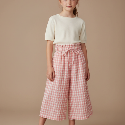 Pantalon Jupe Carreaux Rose Taille Haute Ample Fille - Lin