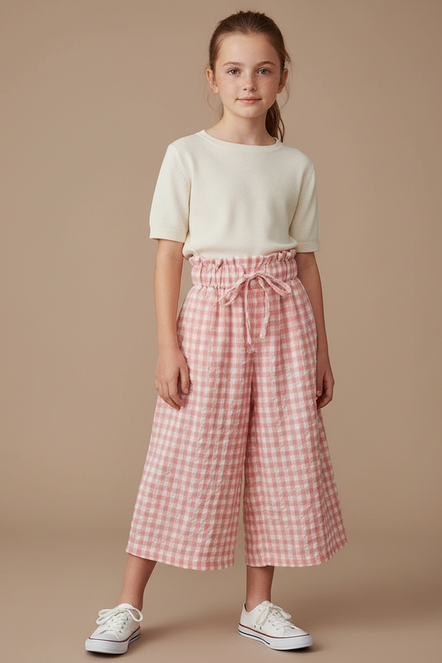 Pantalon Jupe Carreaux Rose Taille Haute Ample Fille - Lin