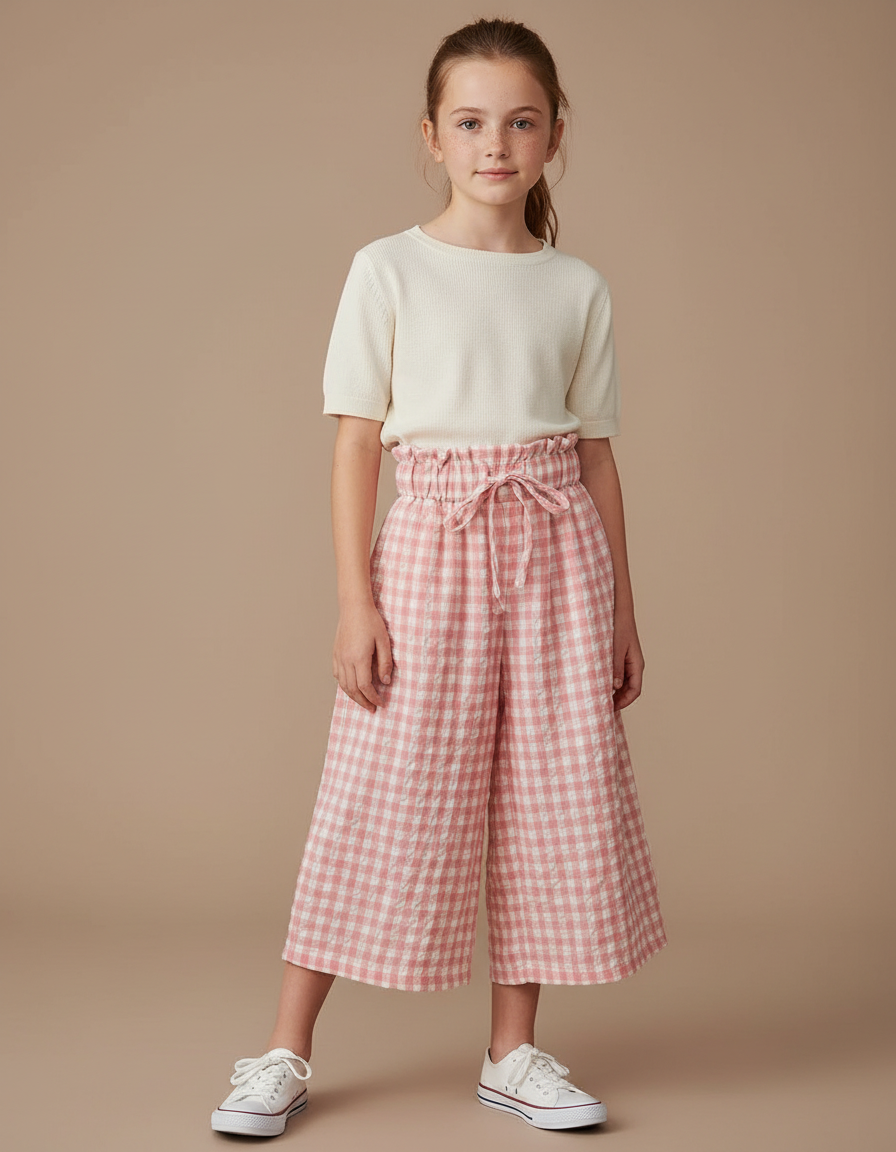 Pantalon Jupe Carreaux Rose Taille Haute Ample Fille - Lin
