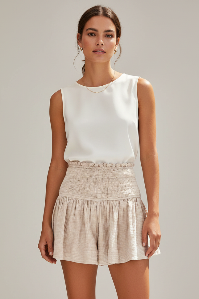 Pantalon Jupe Beige Smocké Fluide Décontracté - Lin