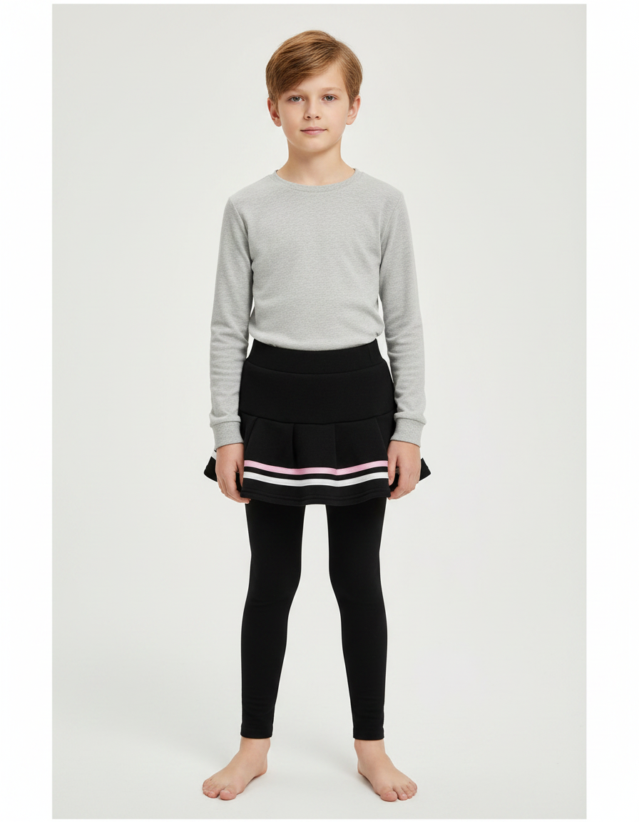 Pantalon Jupe Noir Plissé Rayé Chaud Enfant - Molleton