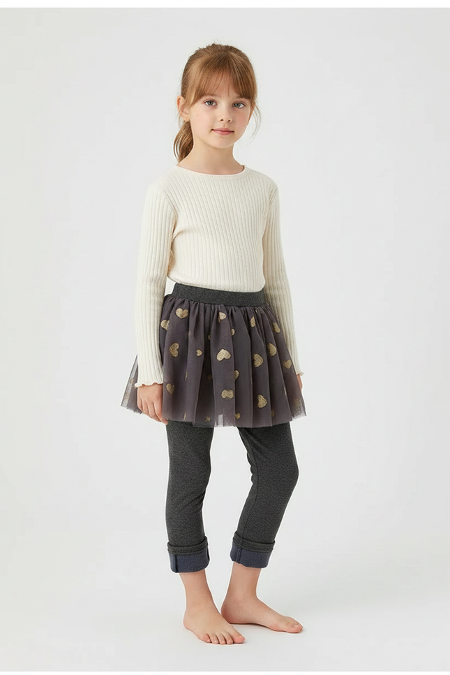 Pantalon Jupe Gris Tulle Cœurs Dorés Intégré Fille - Molleton