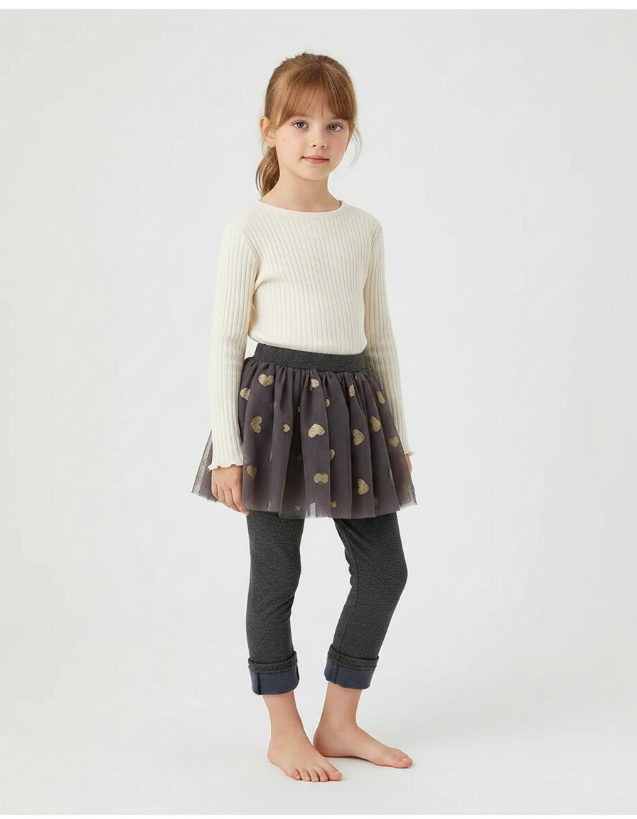 Pantalon Jupe Gris Tulle Cœurs Dorés Intégré Fille - Molleton