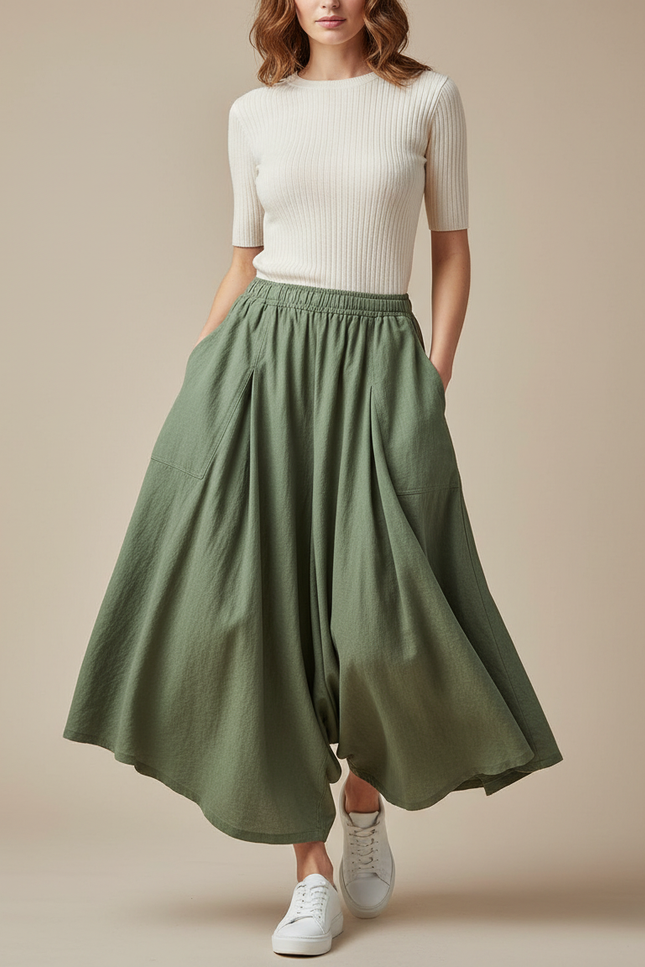 Pantalon Jupe Vert Ample Lin Décontracté Taille Élastique - Kaki