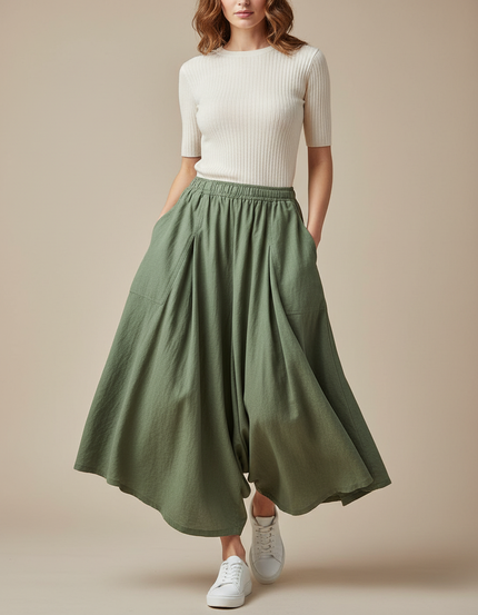 Pantalon Jupe Vert Ample Lin Décontracté Taille Élastique - Kaki