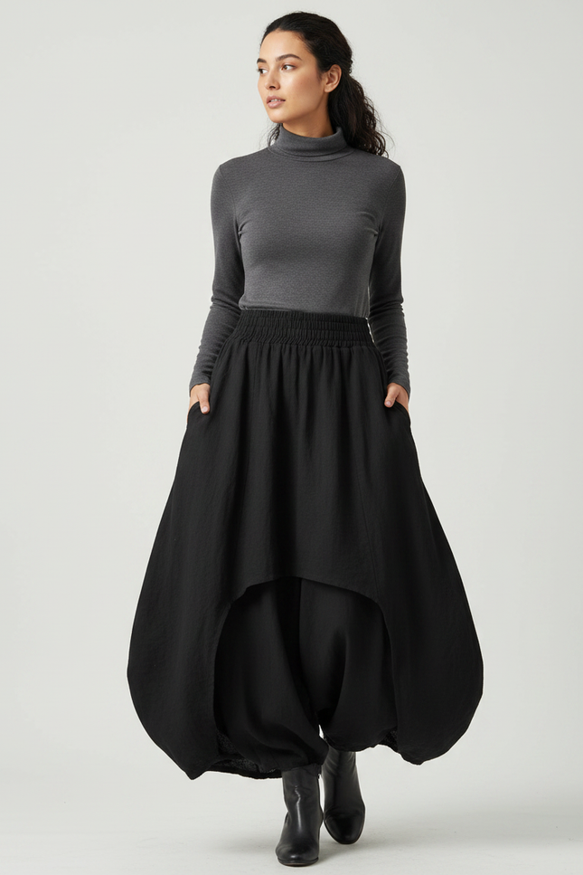 Pantalon Jupe Noir Ample Superposé Élastique Femme Élégant - Lin