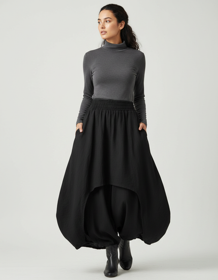 Pantalon Jupe Noir Ample Superposé Élastique Femme Élégant - Lin