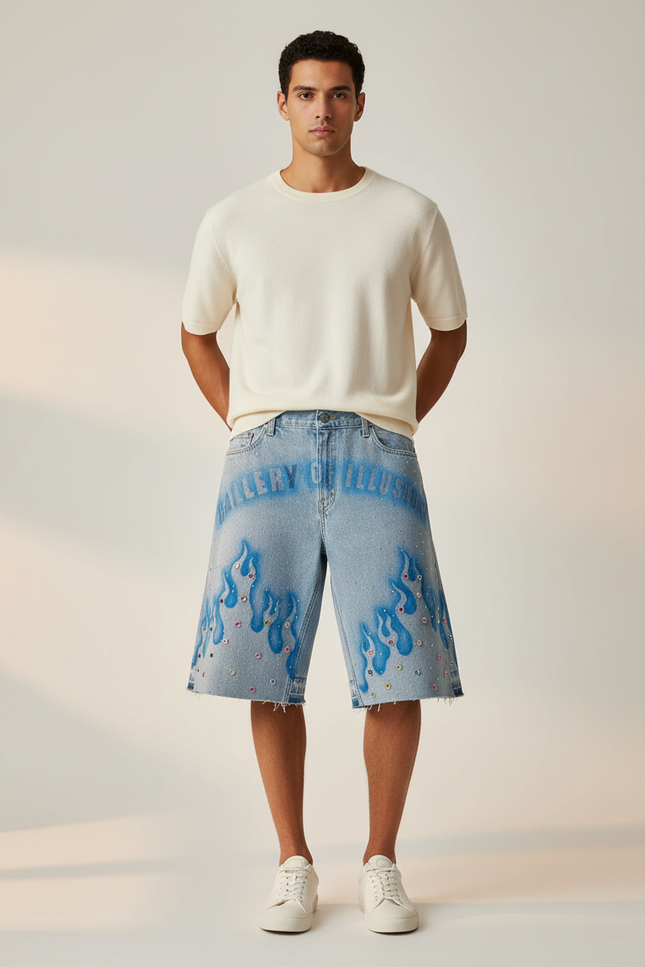 Pantalon Jupe Jean Bleu Flammes Strass Décontracté