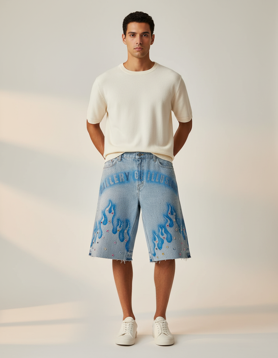 Pantalon Jupe Jean Bleu Flammes Strass Décontracté