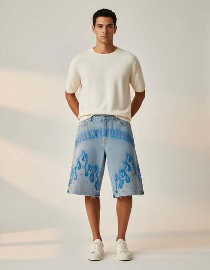 Pantalon Jupe Jean Bleu Flammes Strass Décontracté