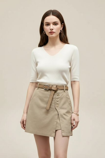 Pantalon Jupe Beige A-line Boutons Ceinturé Chic - Toile