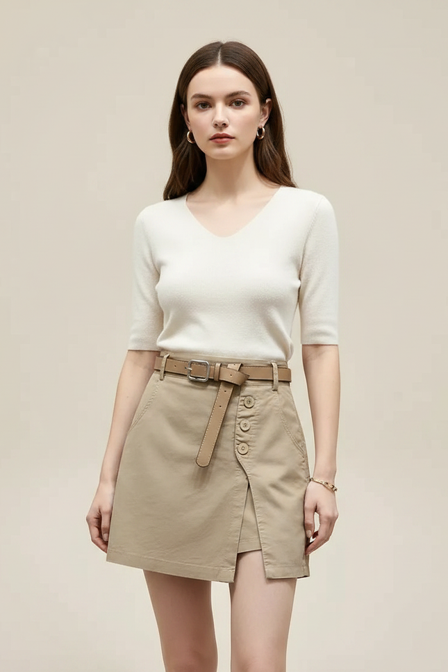 Pantalon Jupe Beige A-line Boutons Ceinturé Chic - Toile