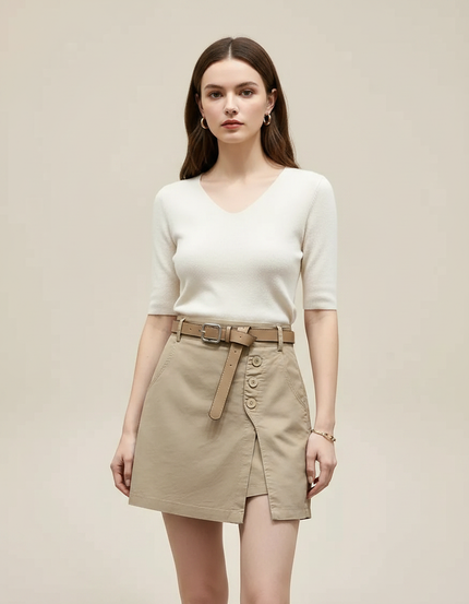 Pantalon Jupe Beige A-line Boutons Ceinturé Chic - Toile