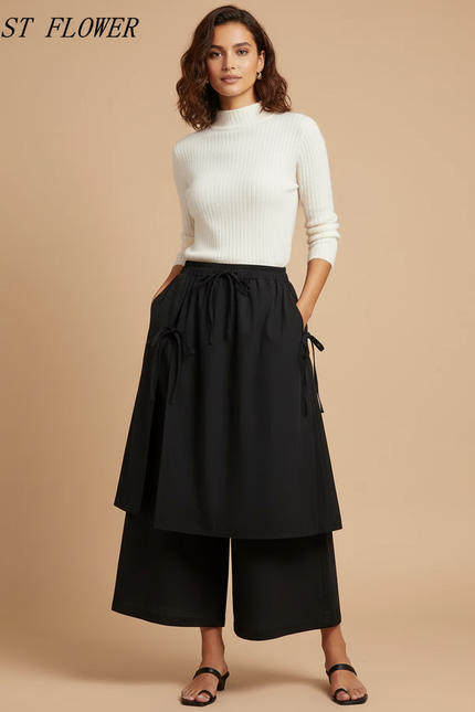 Pantalon Jupe Noir Ample Coton Superposé Décontracté Femme