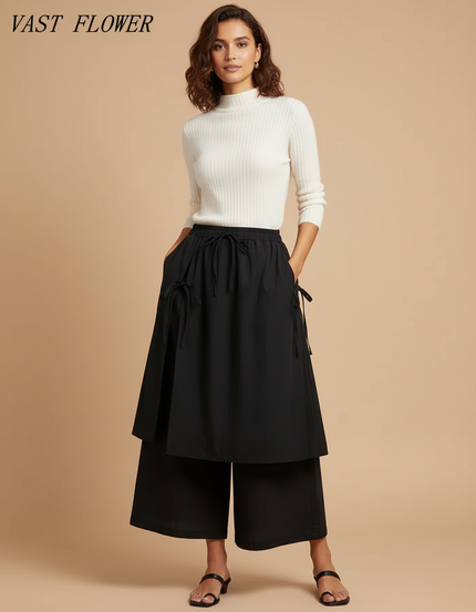 Pantalon Jupe Noir Ample Coton Superposé Décontracté Femme