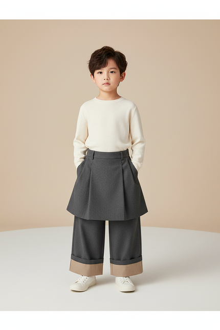 Pantalon Jupe Gris Plissé Ample Garçon Élégant - Tweed