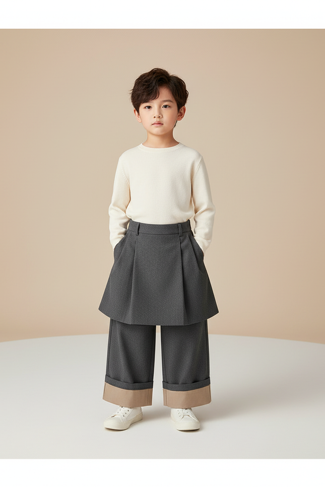 Pantalon Jupe Gris Plissé Ample Garçon Élégant - Tweed