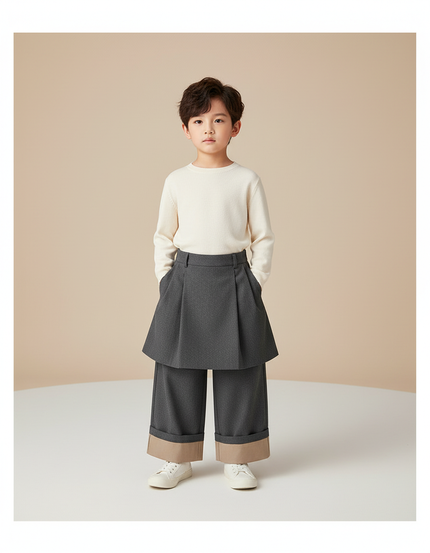 Pantalon Jupe Gris Plissé Ample Garçon Élégant - Tweed