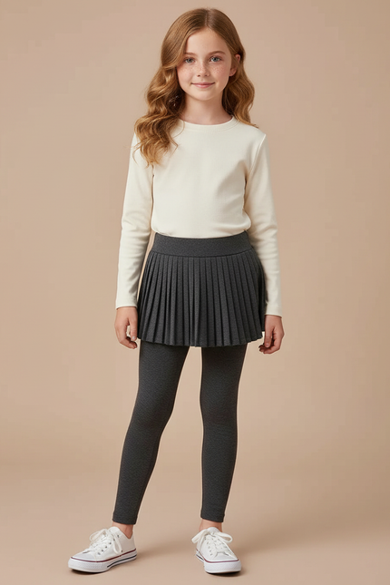 Pantalon Jupe Gris Plissé Coton Intégré Fille - Molleton