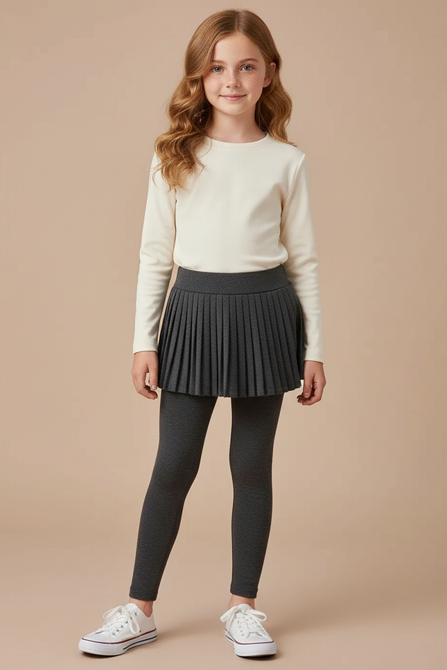 Pantalon Jupe Gris Plissé Coton Intégré Fille - Molleton