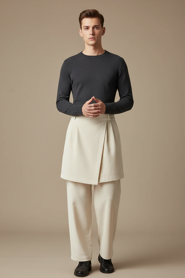 Pantalon Jupe Crème Superposé Ample Élégant Homme - Beige Cordé
