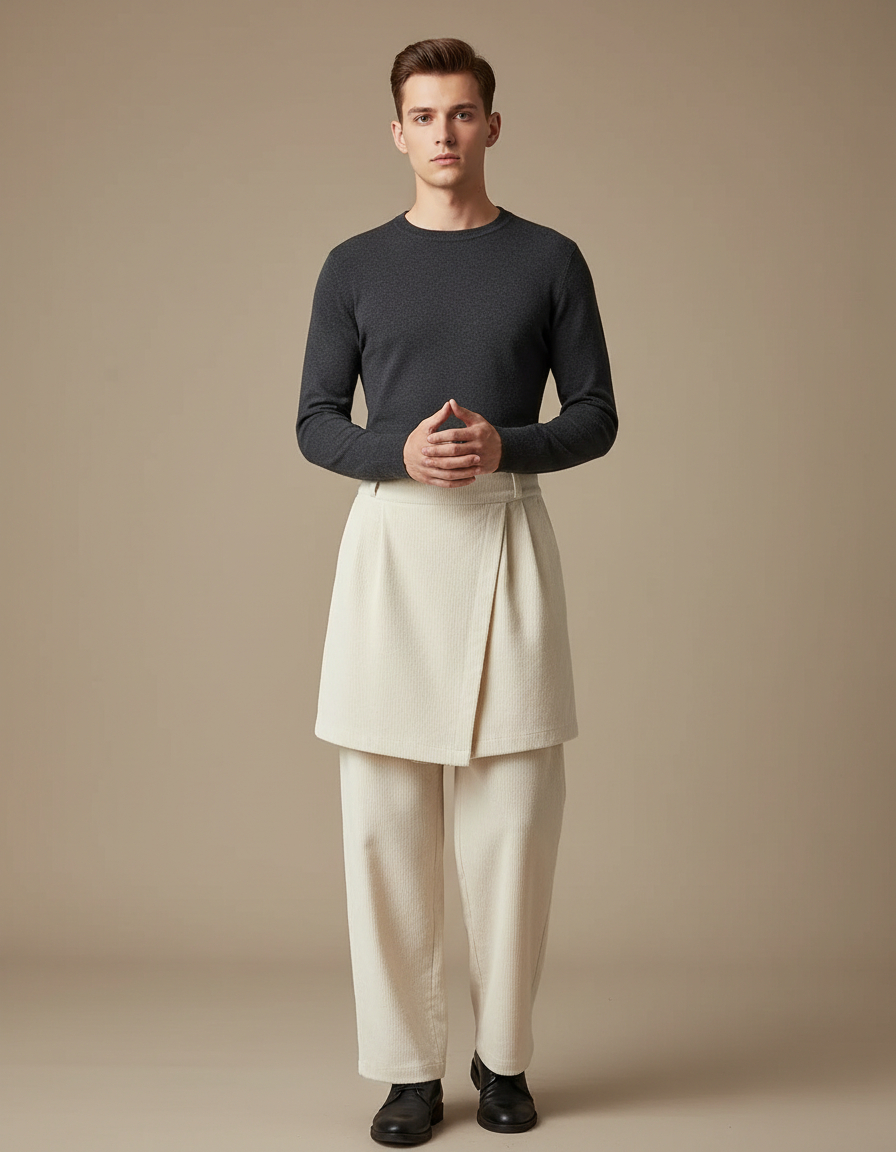 Pantalon Jupe Crème Superposé Ample Élégant Homme - Beige Cordé