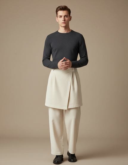 Pantalon Jupe Crème Superposé Ample Élégant Homme - Beige Cordé