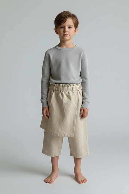 Pantalon Jupe Écru Coton Ample Superposé Enfant - Beige Lin