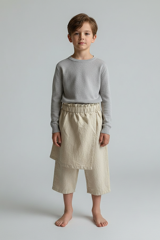 Pantalon Jupe Écru Coton Ample Superposé Enfant - Beige Lin